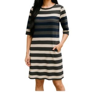 TOMMY HILFIGER Knit Dress Grey Ivory Navy Blue Stripe Boat Neck Preppy Size M